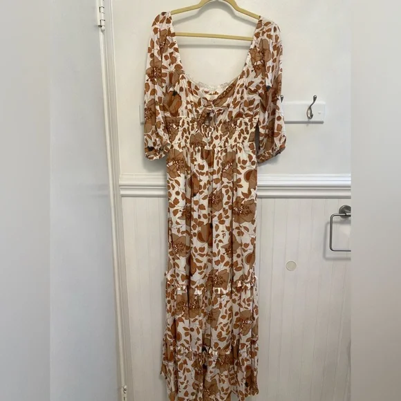 brown and cream floral dress Ditsy Floral Embroidered Dress in Cream main image 1